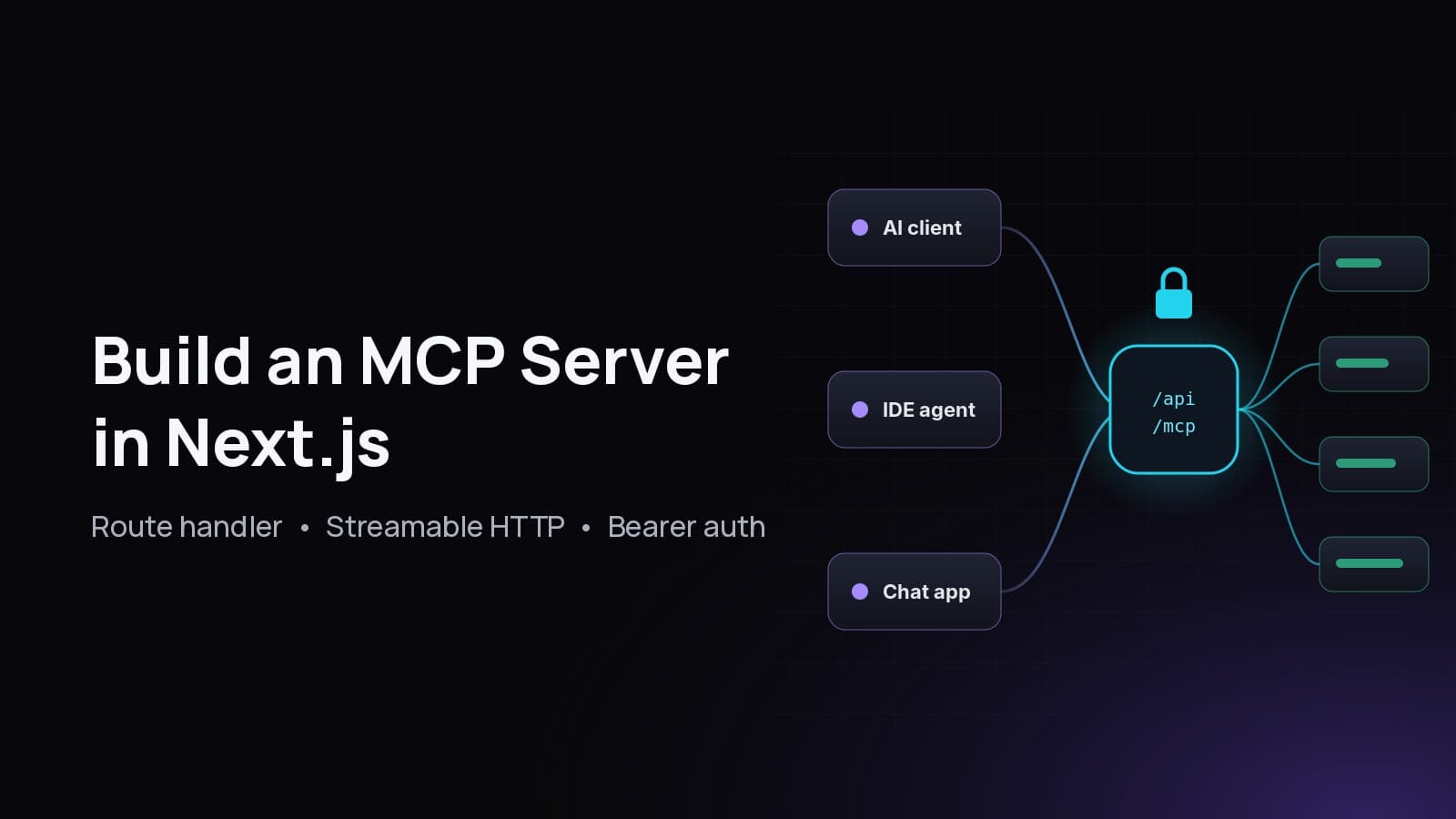 Build an MCP Server in Next.js cover: AI clients connecting through a locked /api/mcp endpoint to a set of tools