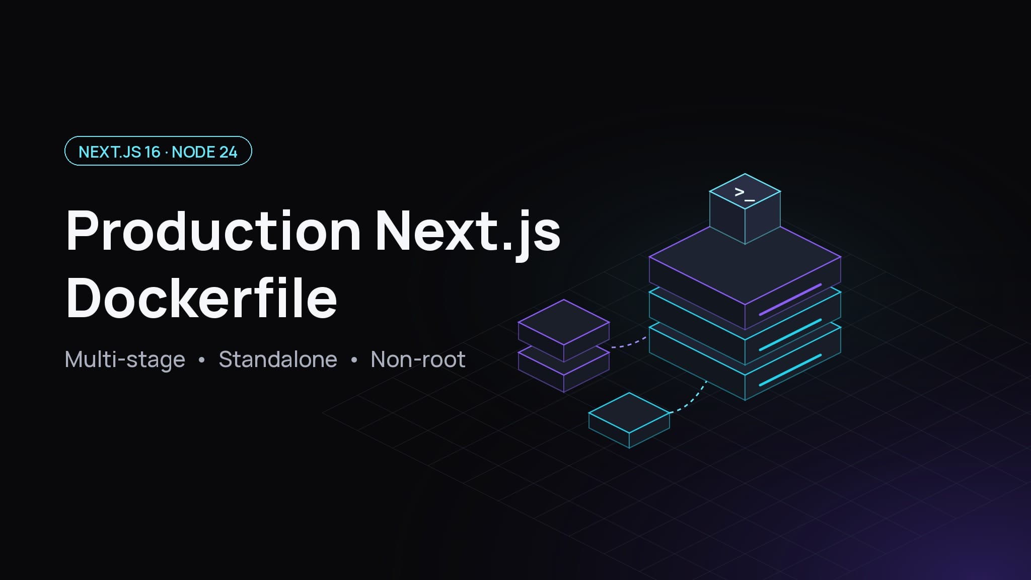 Production Next.js Dockerfile cover: stacked isometric build stages feeding a glowing container on a dark grid