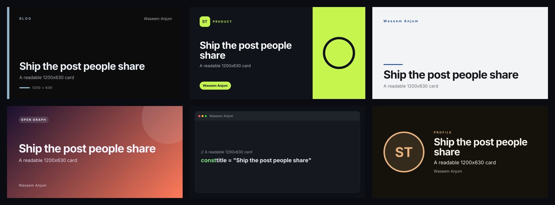 Six 1200x630 OG image templates from the free generator: blog, product, minimal, gradient, code and profile