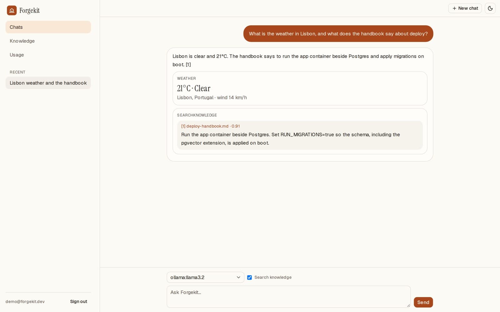 Forgekit chat screen: a streaming answer with a weather tool card and a cited knowledge-base excerpt